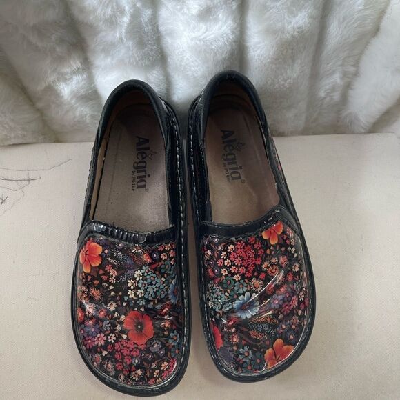Alegria DEB  patent leather multi color floral prints slip on clogs size Euro 37 - Picture 7 of 15